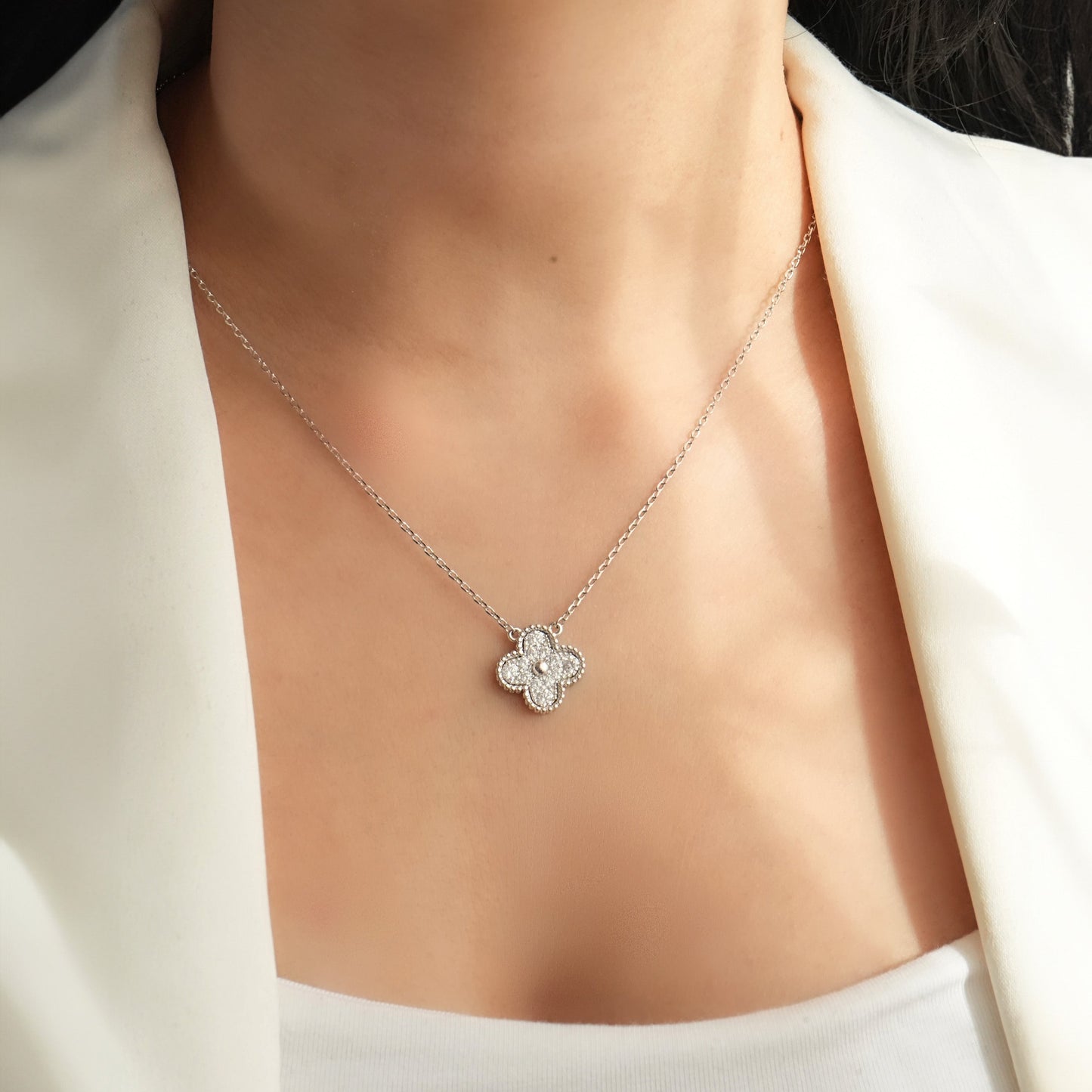 Silver Zircon Clover Pendant Necklace