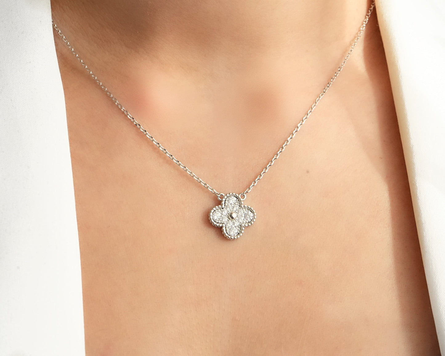 Silver Zircon Clover Pendant Necklace