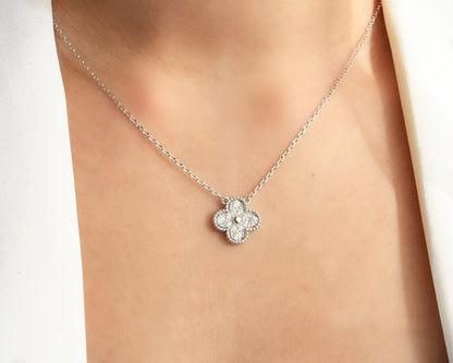 Silver Zircon Clover Pendant Necklace