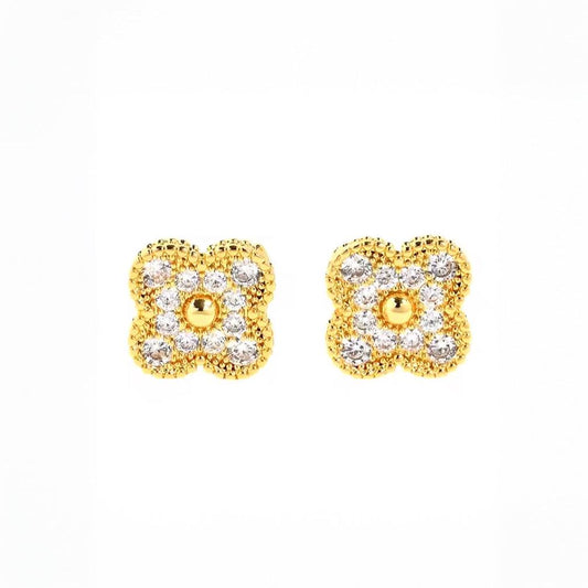 Gold Zircon Blossom Clover Earrings