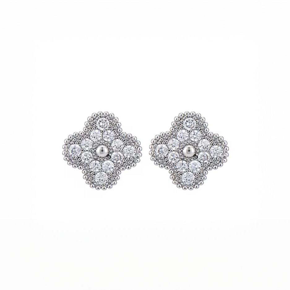 Silver Zircon Blossom Clover Earrings