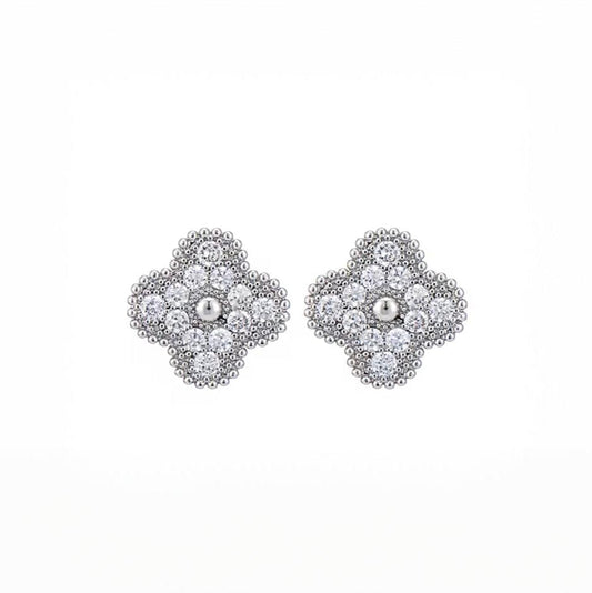 Silver Zircon Blossom Clover Earrings